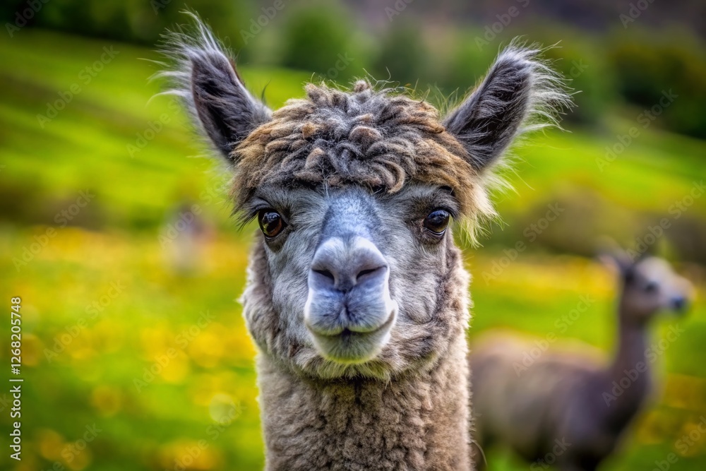 Obraz premium Gray and Black Huacaya Alpaca Vertical Stock Photo - Farm Animal Portrait