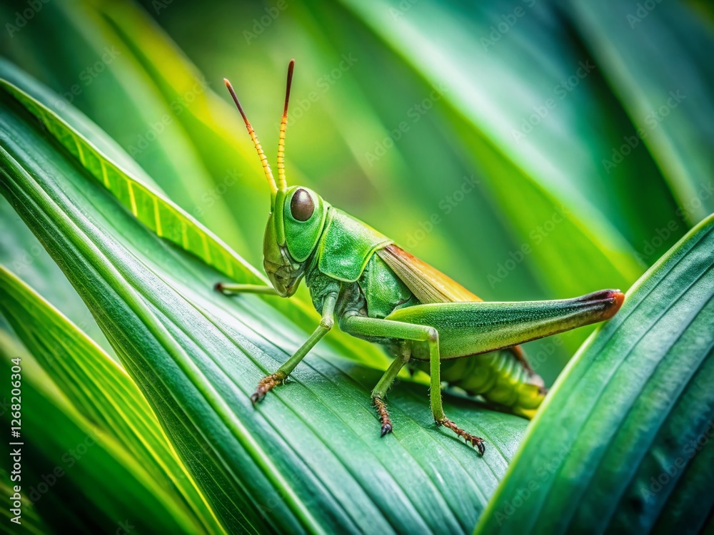 Green Grasshopper Framed by Lush Leaves - Nature Stock Photo Green Grasshopper Framed by Lush Leaves - Nature Stock Photo