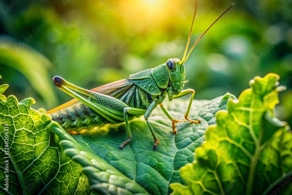 Green Grasshopper on Garden Vegetables - Close-Up Macro Stock Photo Green Grasshopper on Garden Vegetables - Close-Up Macro Stock Photo