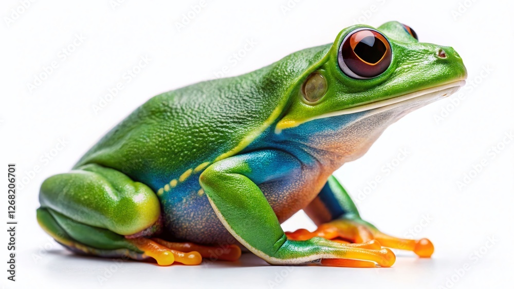 Fototapeta premium Green Tree Frog Back View, Isolated White Background - Amphibian Reptile Wildlife Photography