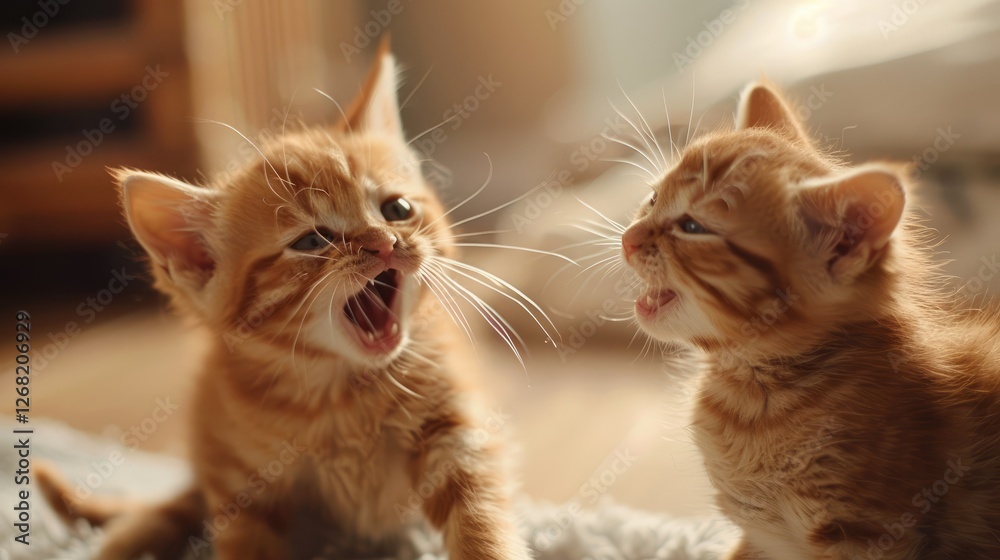Two playful orange kittens engaging in a lively interaction on a soft surface in a cozy indoor setting Two playful orange kittens engaging in a lively interaction on a soft surface in a cozy indoor setting