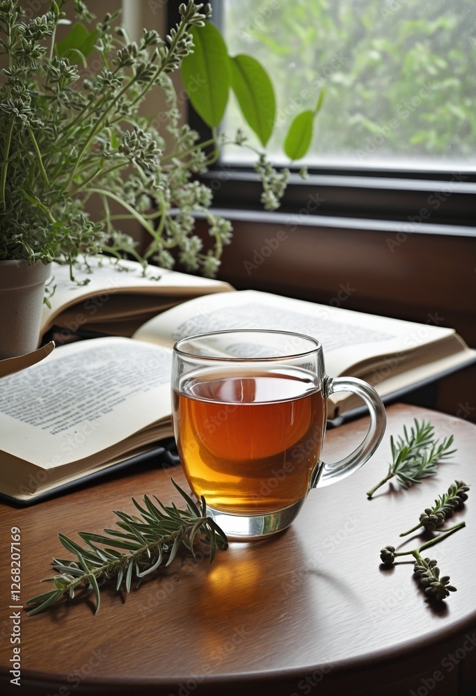 A Cozy Afternoon: Herbal Tea and a Book on a Wooden Table A Cozy Afternoon: Herbal Tea and a Book on a Wooden Table