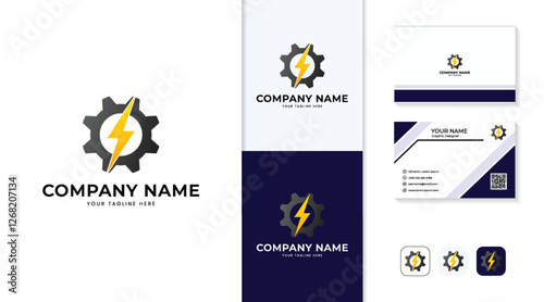 electric gear logo, industrial manufacturing logo, technical and engineering service logo, and technology and equipment suppliers logos including business card