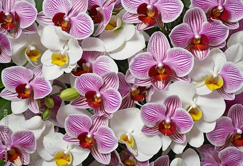 Vibrant Arrangement of Moth Orchids: A Colorful Floral Flat Lay Background