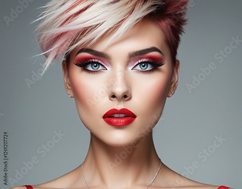 Dramatic Elegance: A Captivating Portrait of a Woman with Intense Red Eyes and Bold Makeup