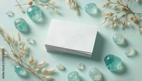Cool & Contemporary: White Business Card Mockup Featuring a Light Minty Beryl Backdrop with Subtle Turquoise Floral Accents