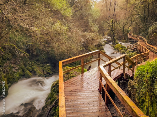 Wooden walkway through a lush forest with a flowing stream, surrounded by moss-covered rocks and trees, located in Pindelo, Outeiro, Oliveira de Azemeis, Portugal photo