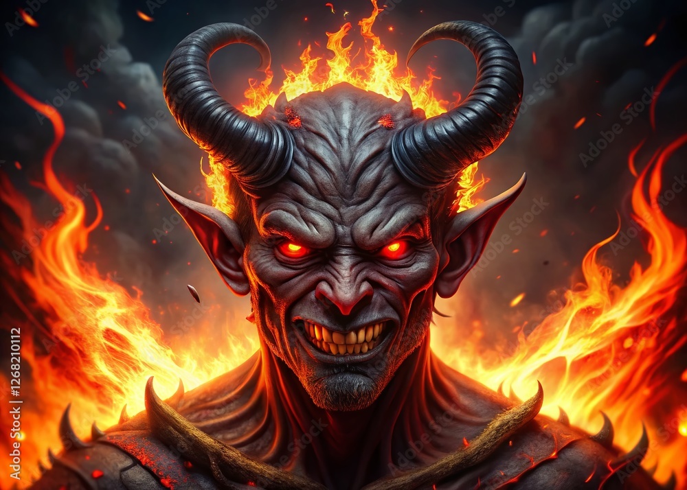Hellish Demon: Fiery Infernal Devil with Glowing Red Eyes and Twisted Horns in Brimstone Hellish Demon: Fiery Infernal Devil with Glowing Red Eyes and Twisted Horns in Brimstone