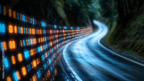 Abstract visualization of wireless data transmission and high speed internet A dynamic data stream flows through a futuristic digital network Symbolizing big data cybersecurity and neural networks