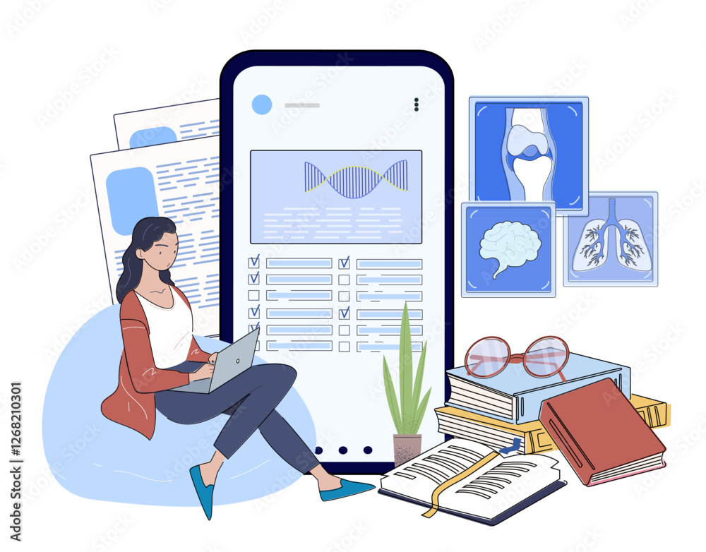 Fototapeta premium Woman sitting with a laptop, analyzing medical data on a large smartphone screen. Surrounding her are books, documents, and X-ray images. Concept of online medical education. Vector illustration