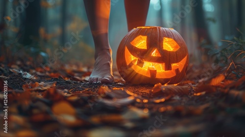 A person stands barefoot beside a glowing jack-o'-lantern in a misty forest, surrounded by autumn leaves