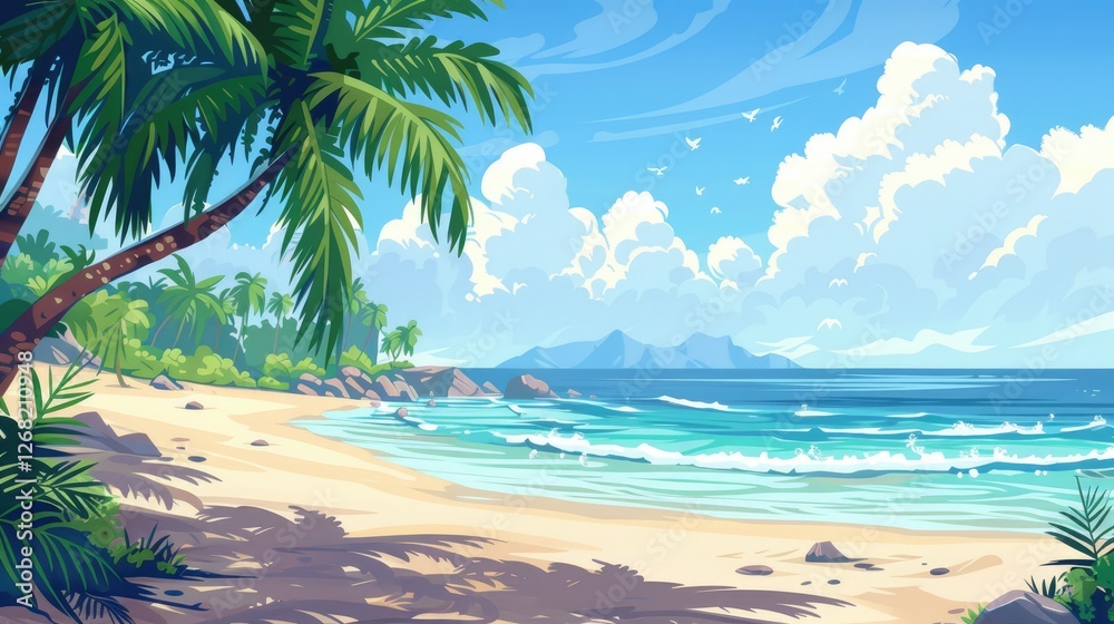 Obraz premium Serene tropical beach scene with palm trees, gentle waves, distant mountains, and a clear blue sky, ideal for relaxation