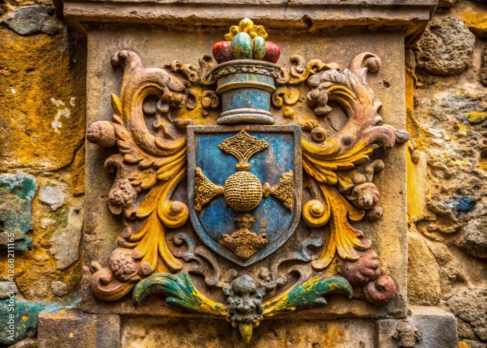 Obraz premium Historic Coat of Arms Detail - Worn Stone Carving, Documentary Style