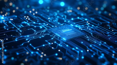Glowing Blue Circuit Board with Central Processing Unit (CPU) - Abstract Technology Background