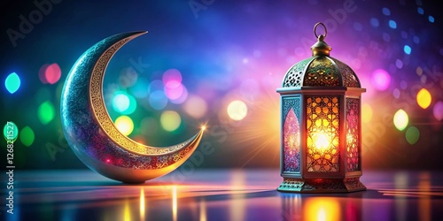 Holographic Ramadan Kareem Lantern & Crescent Moon - Festive Islamic Decoration