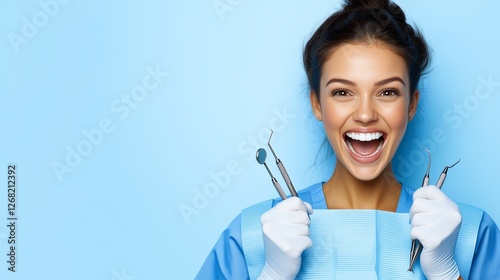 Excited young female dentist in blue scrubs and gloves holding dental tools, ready for a checkup, with a bright and professional background