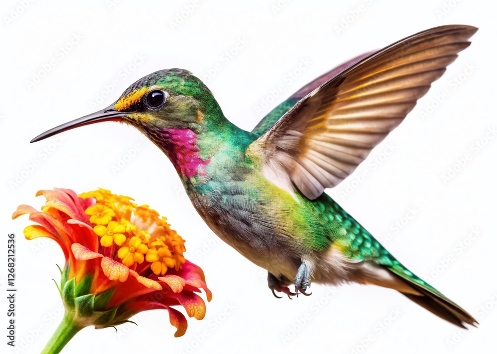 Fototapeta premium Hummingbird Feeding on Flower, Isolated White Background - Urban Exploration Photography Style