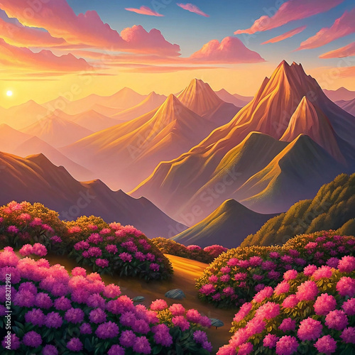 Sunrise mountaintop rhododendron vista, peaceful scenic wallpaper photo