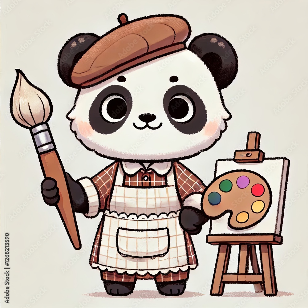 Fototapeta premium Cartoon Panda Painter Holding Palette