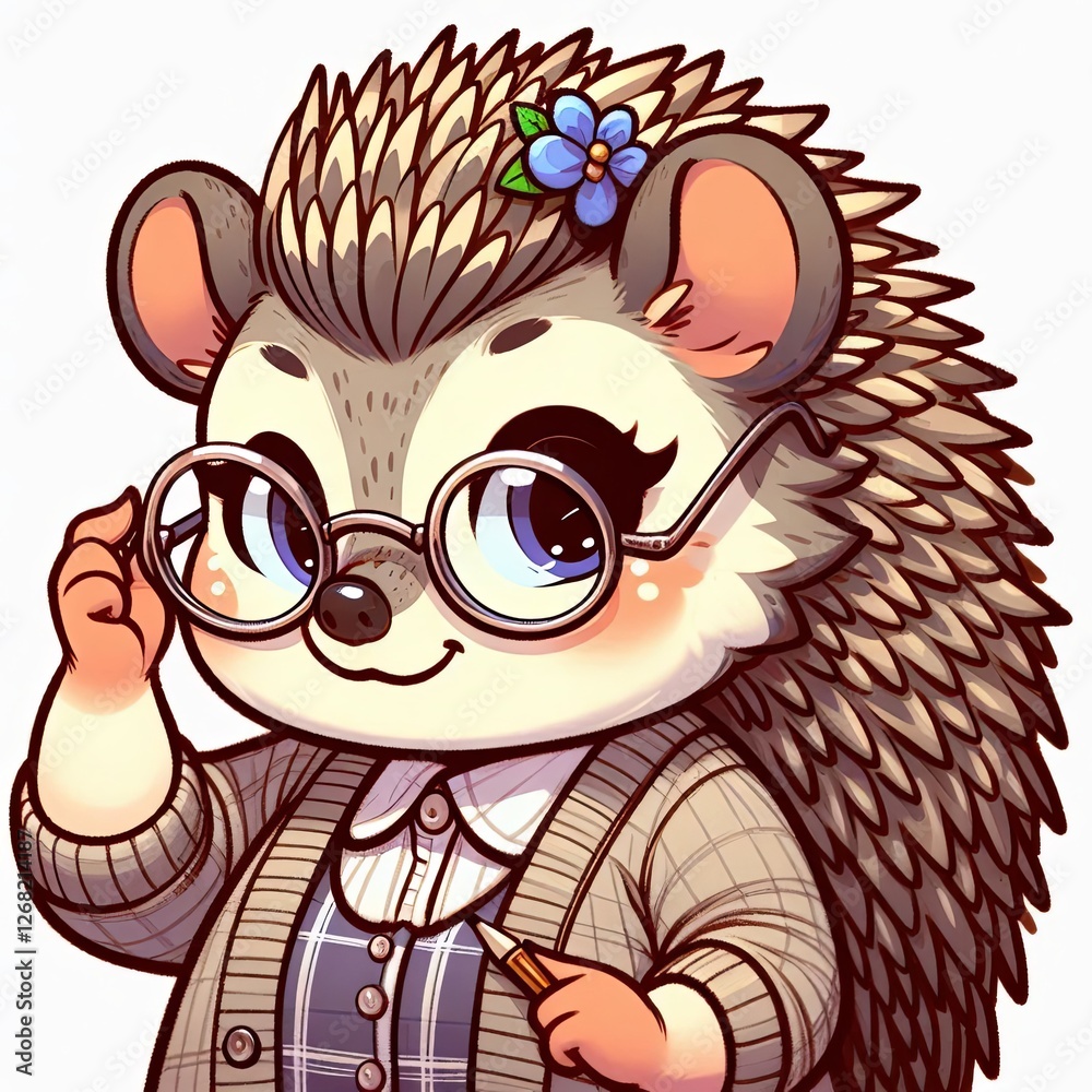 Naklejka premium Wise Hedgehog Teacher in Cardigan
