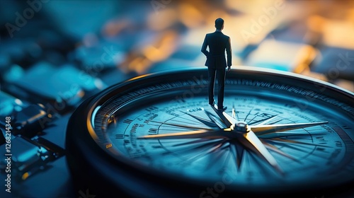 A Miniature Businessman Standing on a Compass