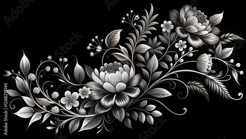 Intricate Line Art Silhouette: Elegant Black and White  Floral Design