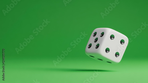 A quirky D animated dice tumbling over, hilariously landing on the number six, set against a vibrant green screen backdrop. photo