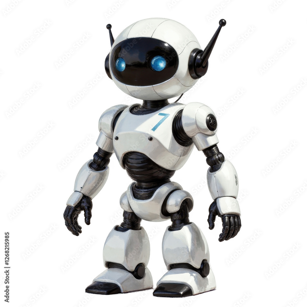 ous White and Black Robot with Blue Eyes on Gray Background. A white and black robot with blue eyes. ous White and Black Robot with Blue Eyes on Gray Background. A white and black robot with blue eyes.