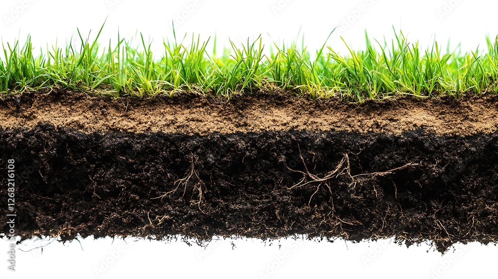 Soil cross-section with grass isolated on a white background, cut out. Soil layers in different colors, a ground cross-section with dirt and roots. Soil cross-section with grass isolated on a white background, cut out. Soil layers in different colors, a ground cross-section with dirt and roots.