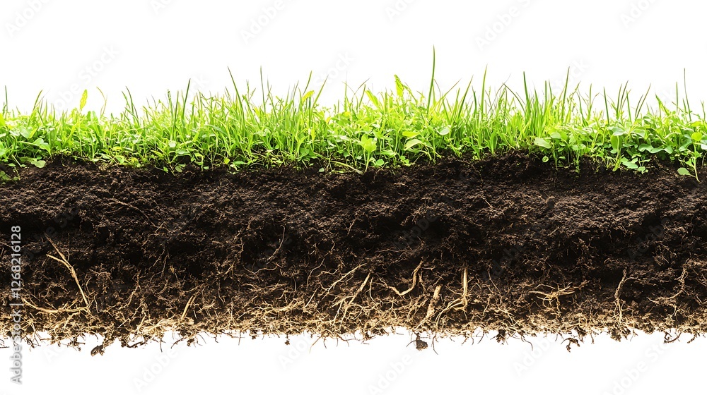 Soil cross-section with grass isolated on a white background, cut out. Soil layers in different colors, a ground cross-section with dirt and roots. Soil cross-section with grass isolated on a white background, cut out. Soil layers in different colors, a ground cross-section with dirt and roots.