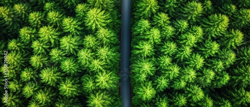 Aerial view of a road dividing lush green forest. Nature background for eco-friendly projects