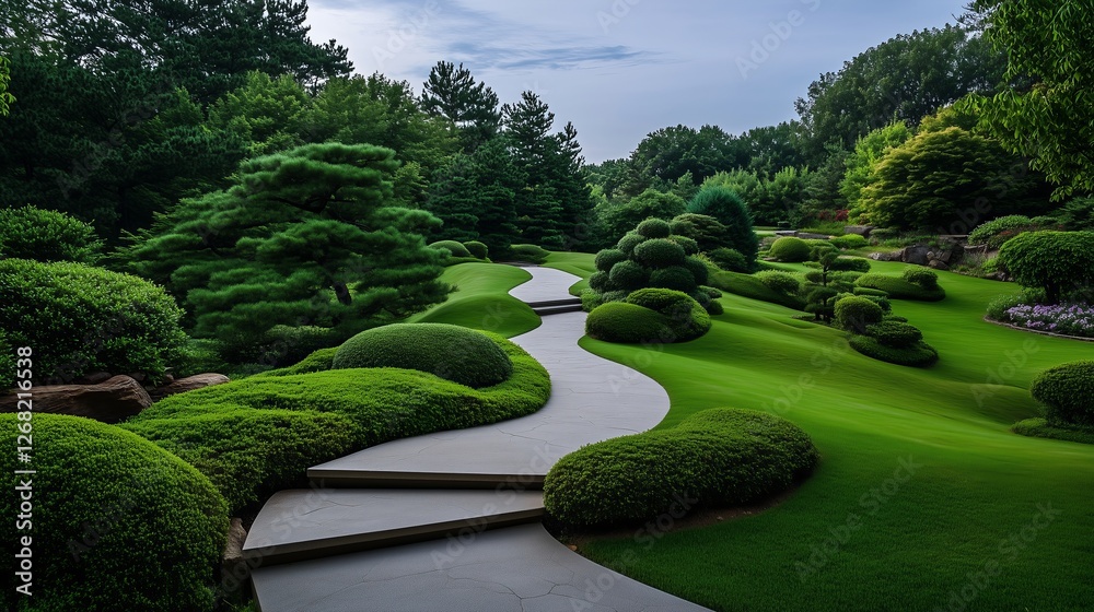 Obraz premium Elegant Japanese-style garden with a curved stone pathway, lush green grass, and meticulously shaped bushes, creating a tranquil and harmonious outdoor space