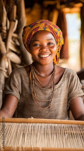 African woman weaving; village home, sunlight