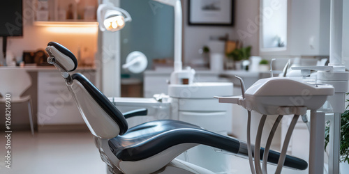 A dentist's office with a blue chair, white sink and  instruments.