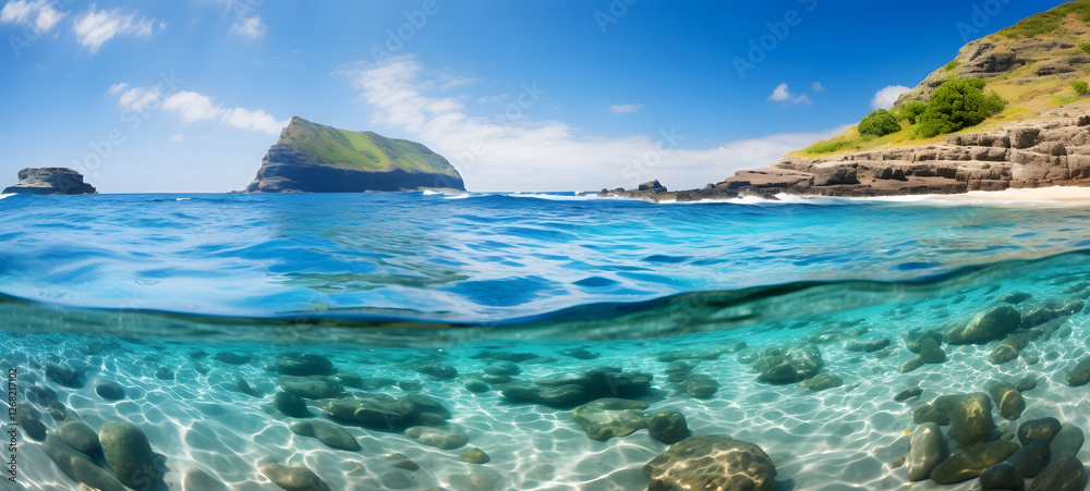 Fototapeta premium The water is turquoise with some waves crashing against rocky cliffs on one side, ai generative