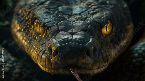 Close-up of an anacondas head piercing yellow eyes