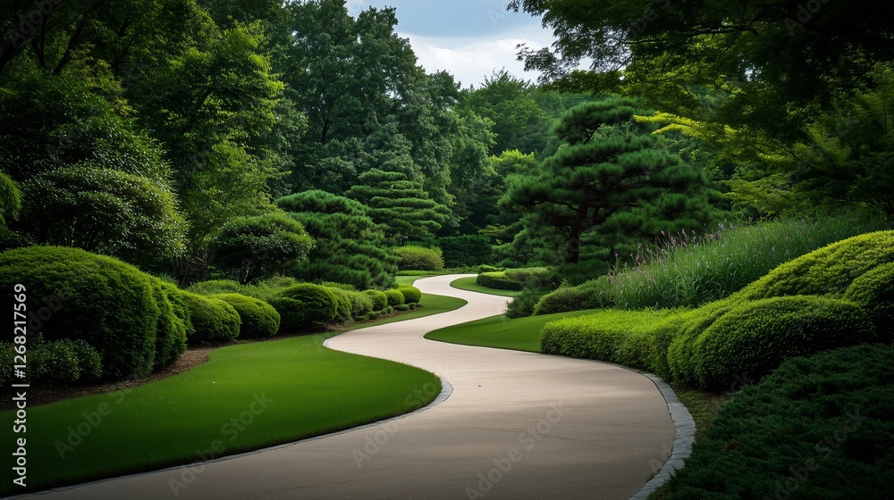 Obraz premium A beautifully designed winding garden path surrounded by lush green trees and carefully manicured bushes, creating a serene and peaceful landscape