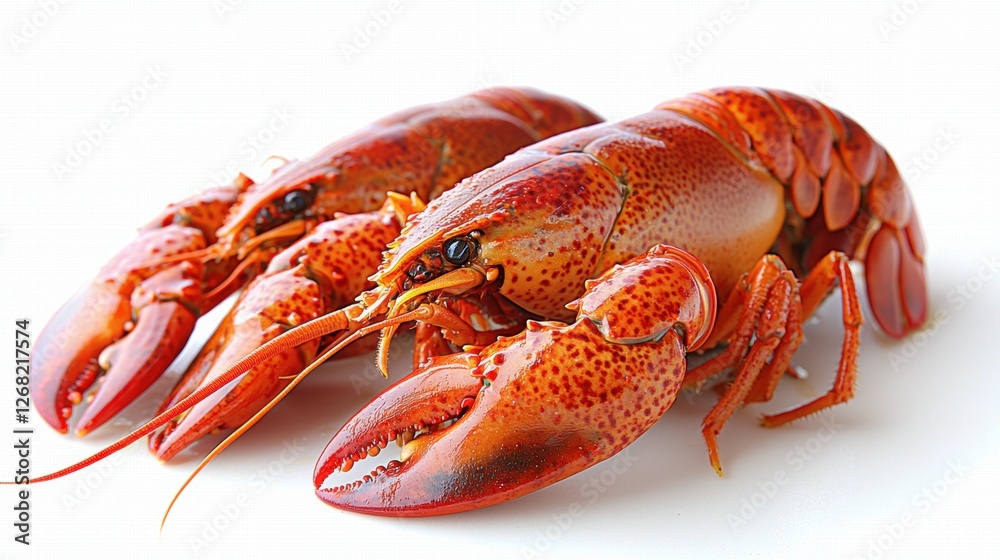 Two cooked lobsters displayed on a white background. Two cooked lobsters displayed on a white background.