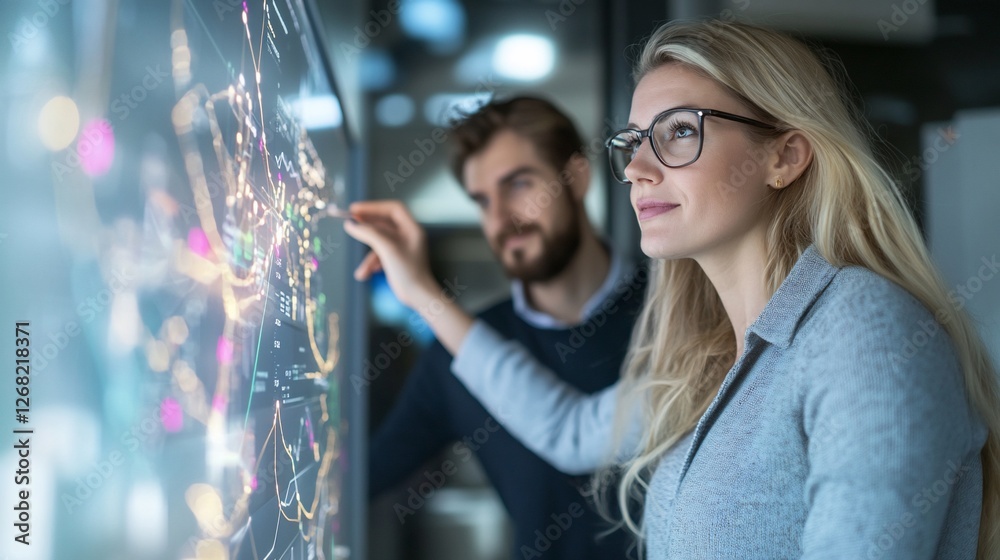 Naklejka premium Analysts reviewing data map, office