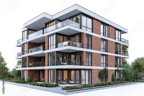 Modern brick apartment building rendering, suburban setting,  for real estate marketing