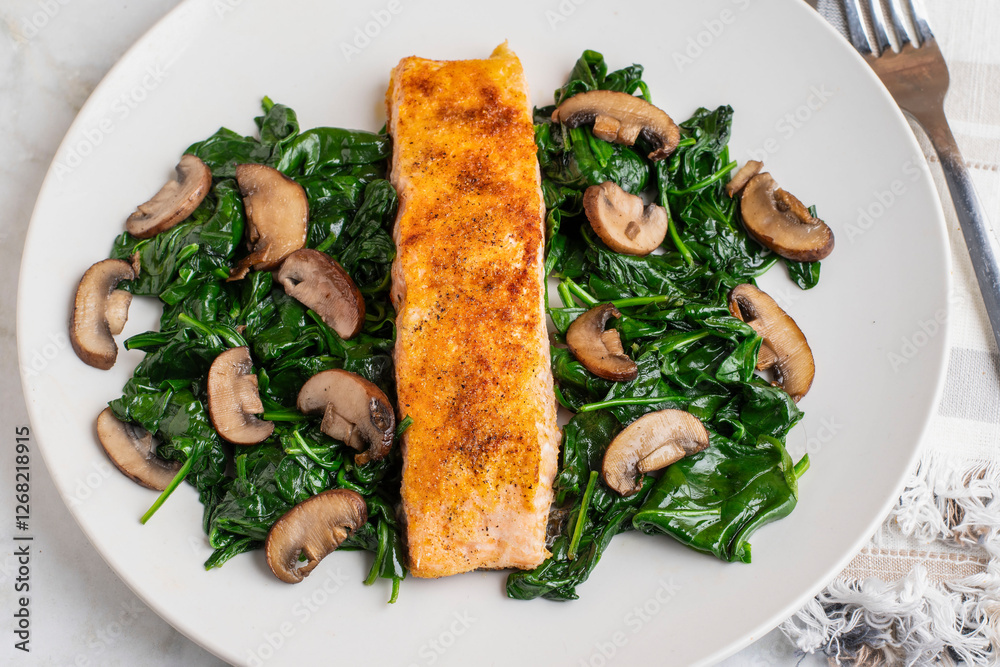 seasoned salmon resting on  spinach and mushrooms