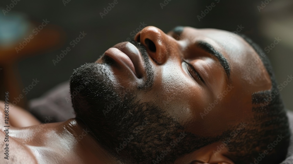 Close-up of a serene man resting peacefully, showcasing his facial features and relaxed expression in a cozy setting Close-up of a serene man resting peacefully, showcasing his facial features and relaxed expression in a cozy setting