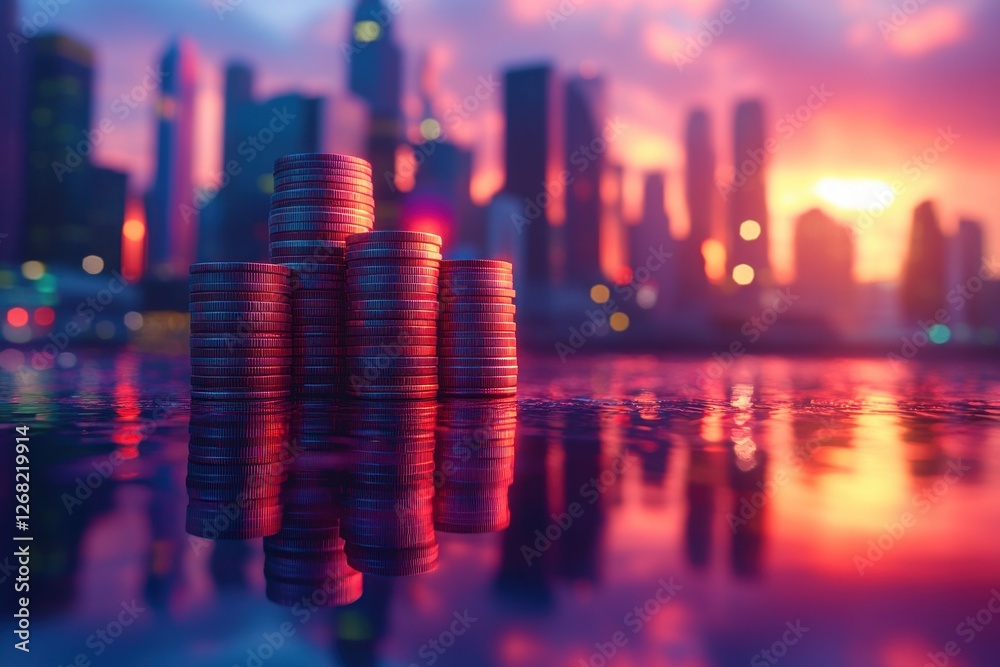 Surreal Stack of Coins with City Skyline Dreamy Pastels for Financial Growth and Investment Strategy Surreal Stack of Coins with City Skyline Dreamy Pastels for Financial Growth and Investment Strategy