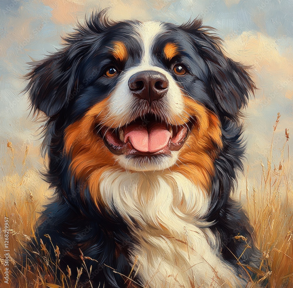 Bernese Mountain Dog Realistic Painting Warm Friendly Portrait Bernese Mountain Dog Realistic Painting Warm Friendly Portrait