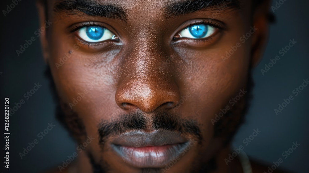 Close-up portrait of a man with striking blue eyes, showcasing intense expression against a dark background Close-up portrait of a man with striking blue eyes, showcasing intense expression against a dark background