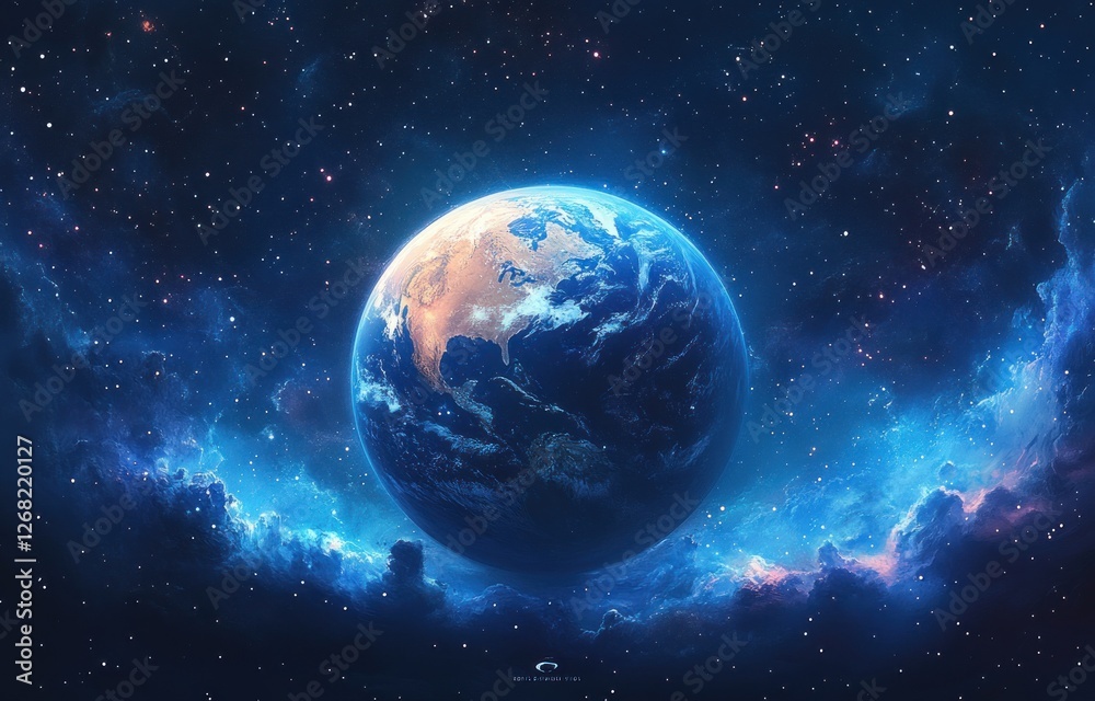 Fototapeta premium Vibrant Earth from Space with Shimmering Stars and Radiant Atmosphere