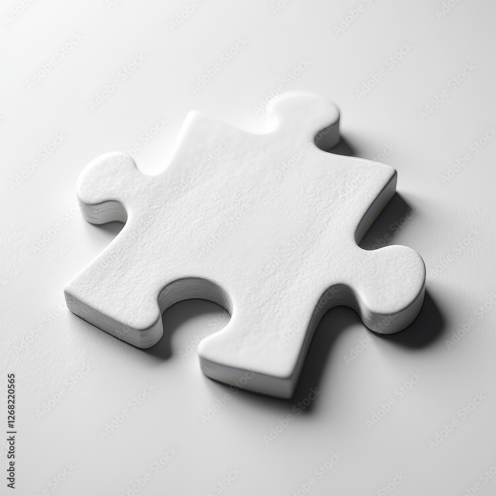 Fototapeta premium Clear Intricacy and Smooth Texture: A Stunning White Jigsaw Puzzle Piece on a Pure White Surface. A white jigsaw puzzle piece on a white surface.