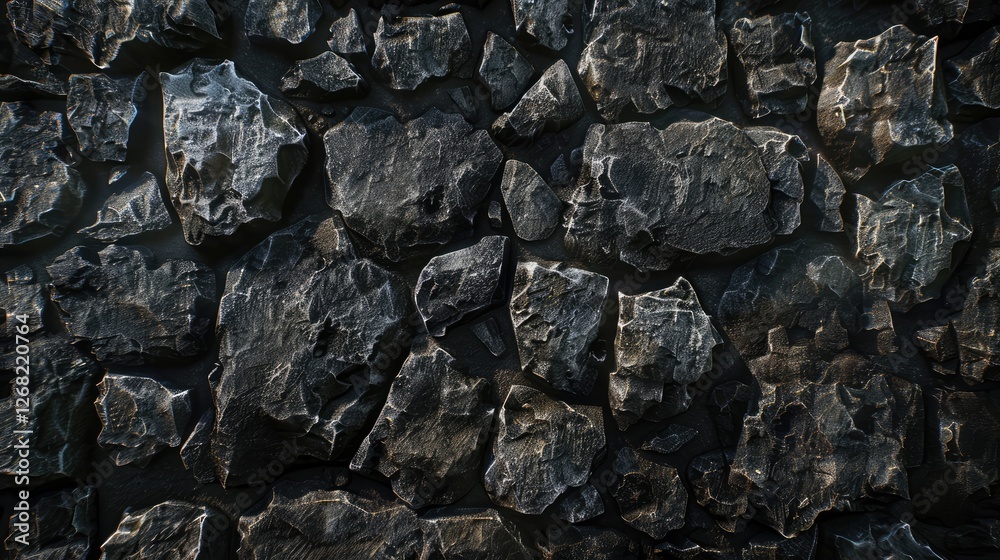 Close-up view of textured dark rocks forming a natural surface, suitable for backgrounds in design and art Close-up view of textured dark rocks forming a natural surface, suitable for backgrounds in design and art