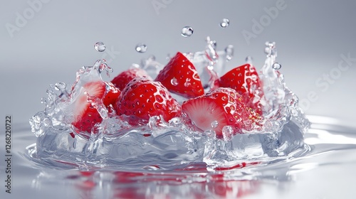 Fresh strawberries levitating with dynamic water splashes surrounding them, set against a light grey background, isolated with copy space. 