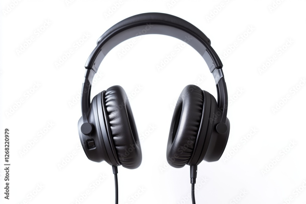 Studio shot black headphones white background music audio Studio shot black headphones white background music audio